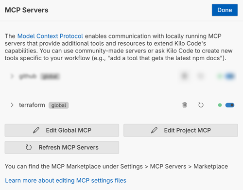 Kilo Code MCP Server Configuration Interface