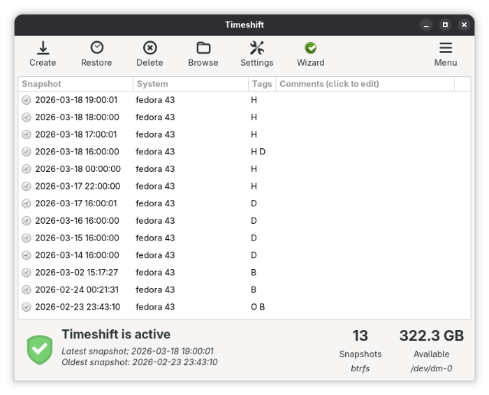 Timeshift running on Fedora 43, showing an active snapshot schedule